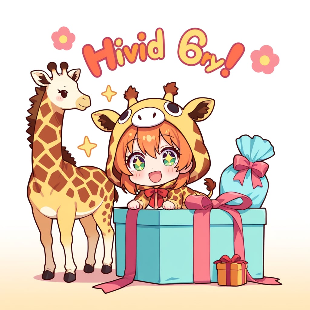 箱で遊ぶキリン着ぐるみちび子ちゃん