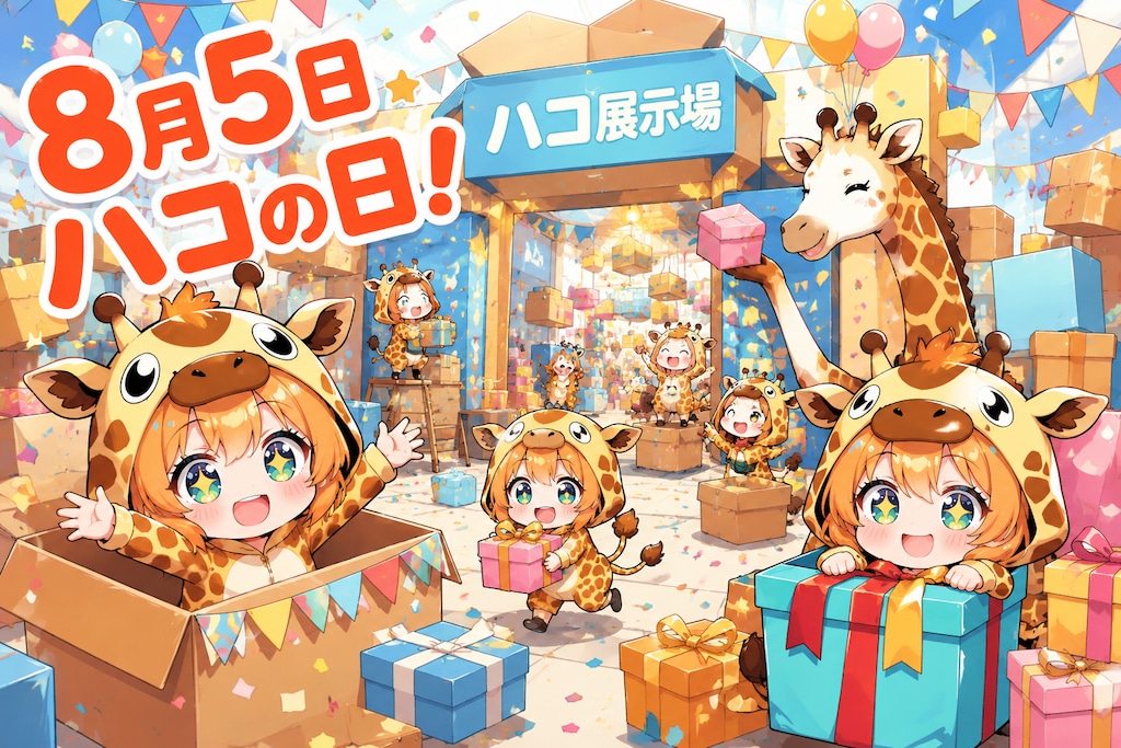箱で遊ぶキリン着ぐるみちび子ちゃん