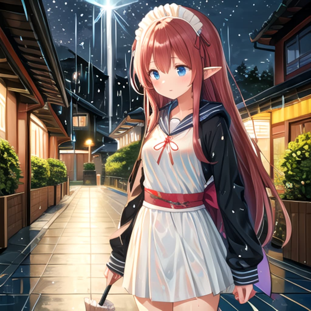 雨と赤髪パーカー