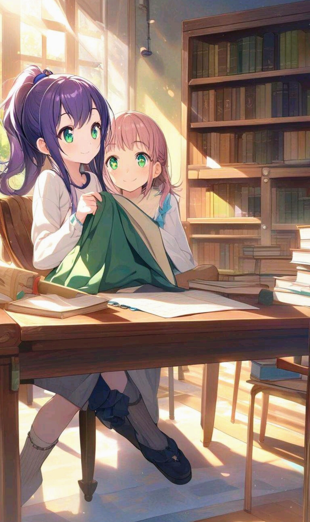 図書館で勉強する仲良し姉妹