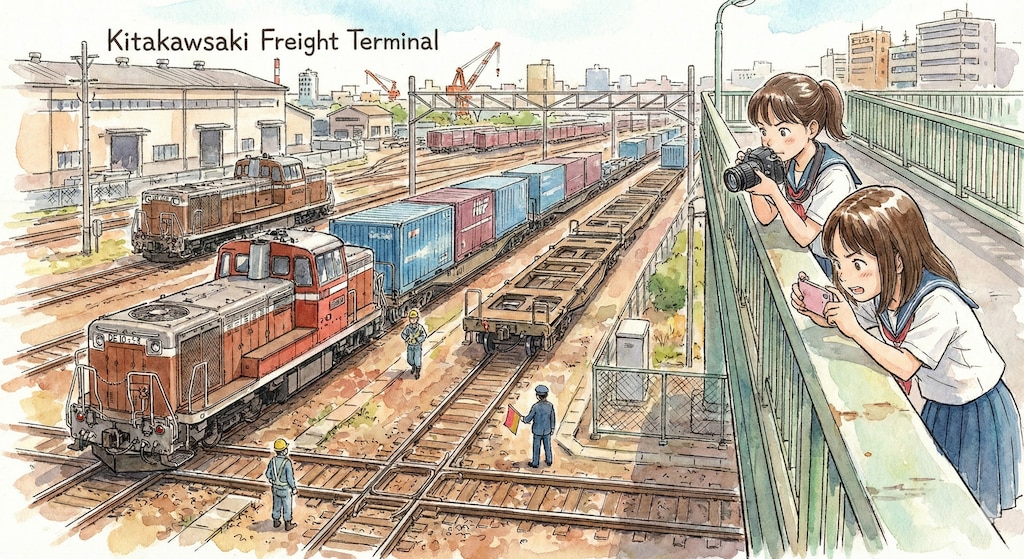 貨物駅と機関車。