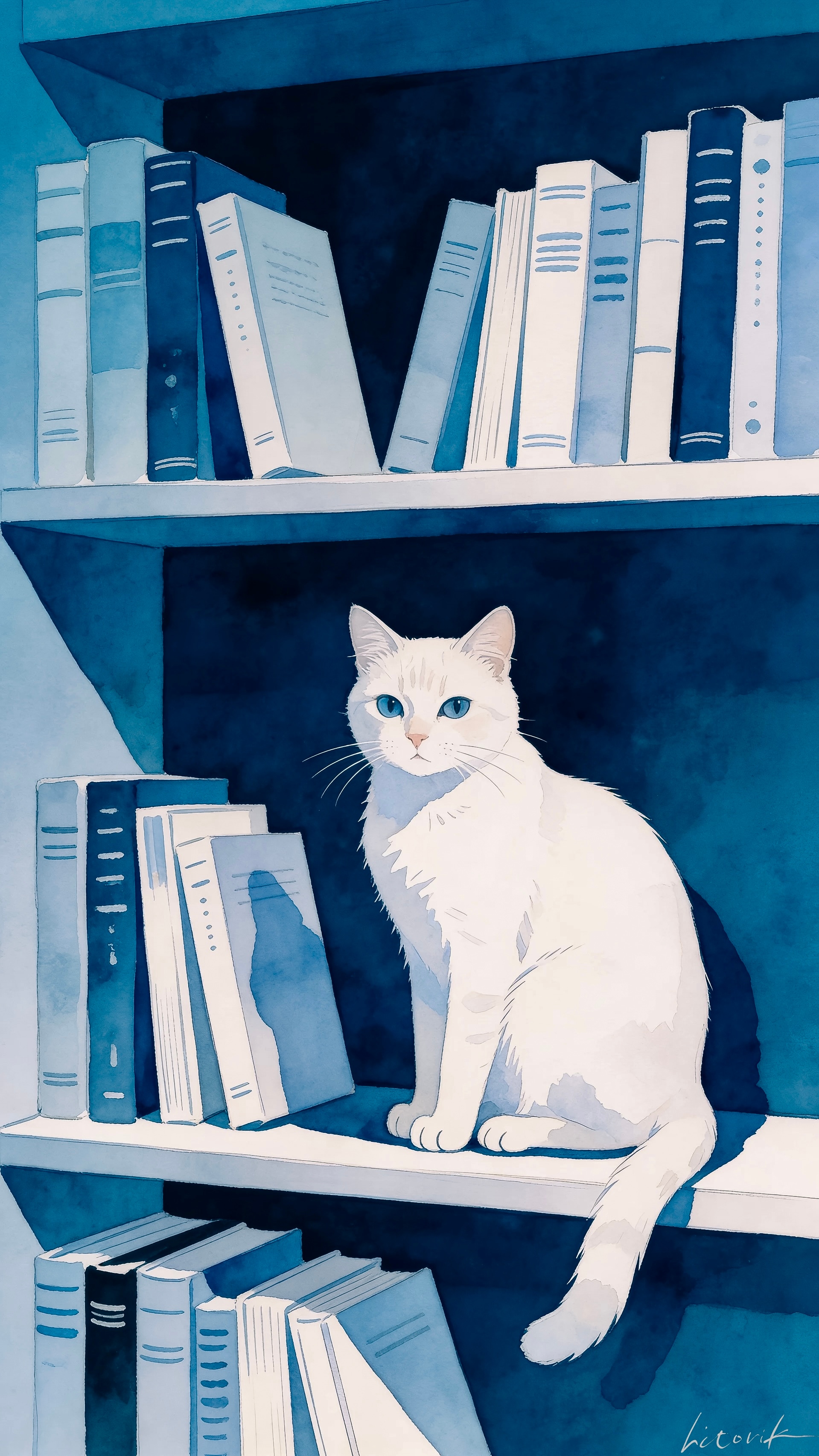 本棚に座る白い猫／スマホ壁紙アーカイブ | の人気AIイラスト・グラビア
