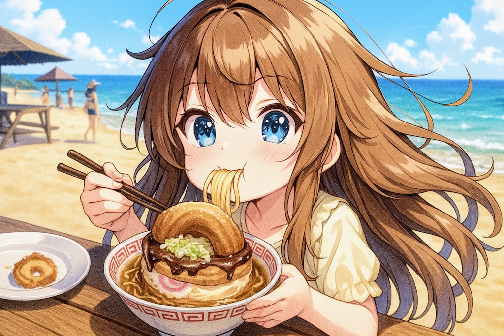 海の家でラーメンを食べる小さな女の子