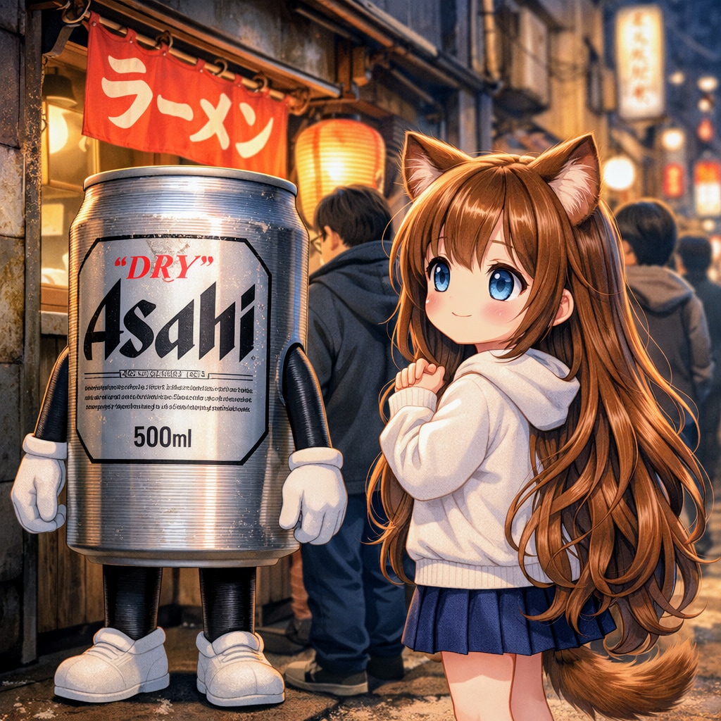 繁華街のラーメン屋に並ぶ小さな女の子