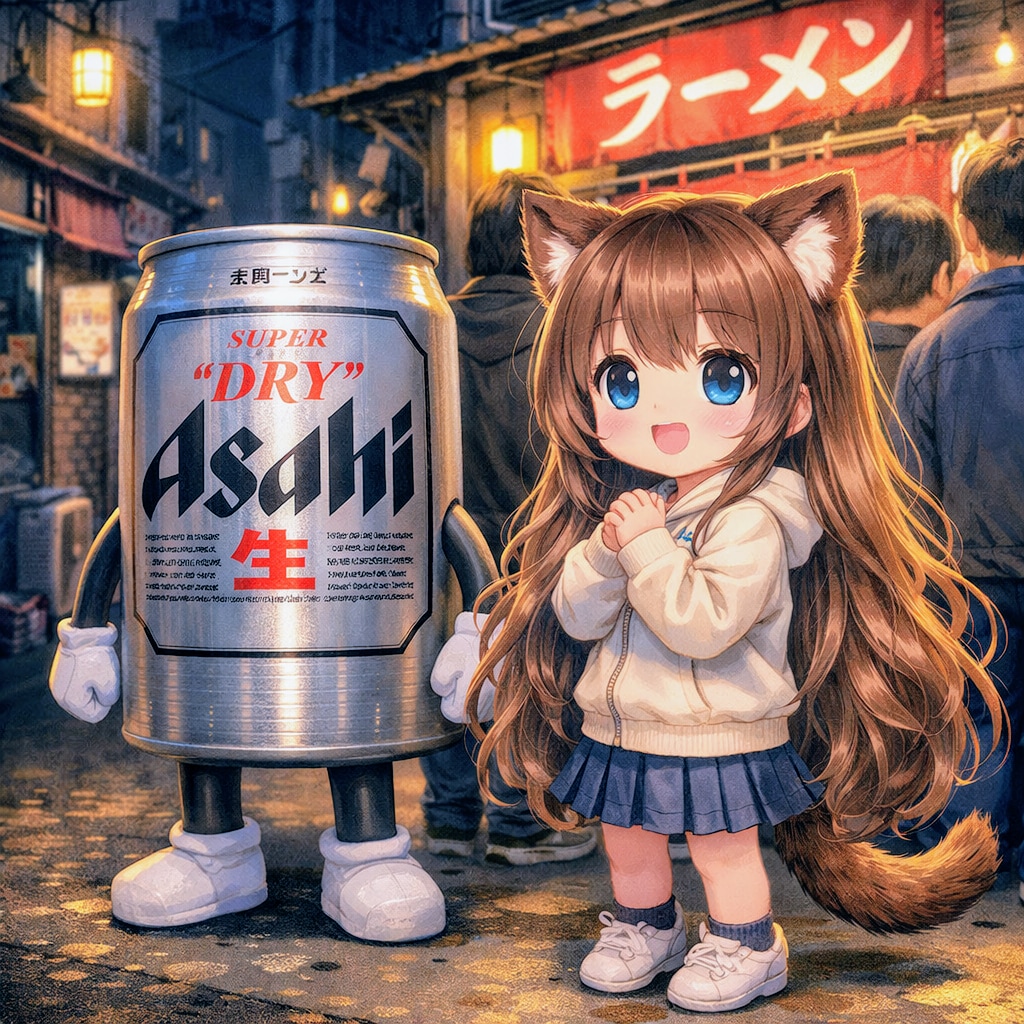 繁華街のラーメン屋に並ぶ小さな女の子