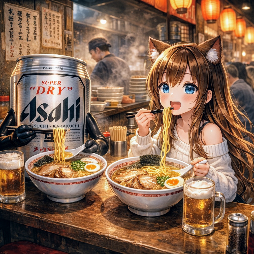繁華街のラーメン屋に並ぶ小さな女の子