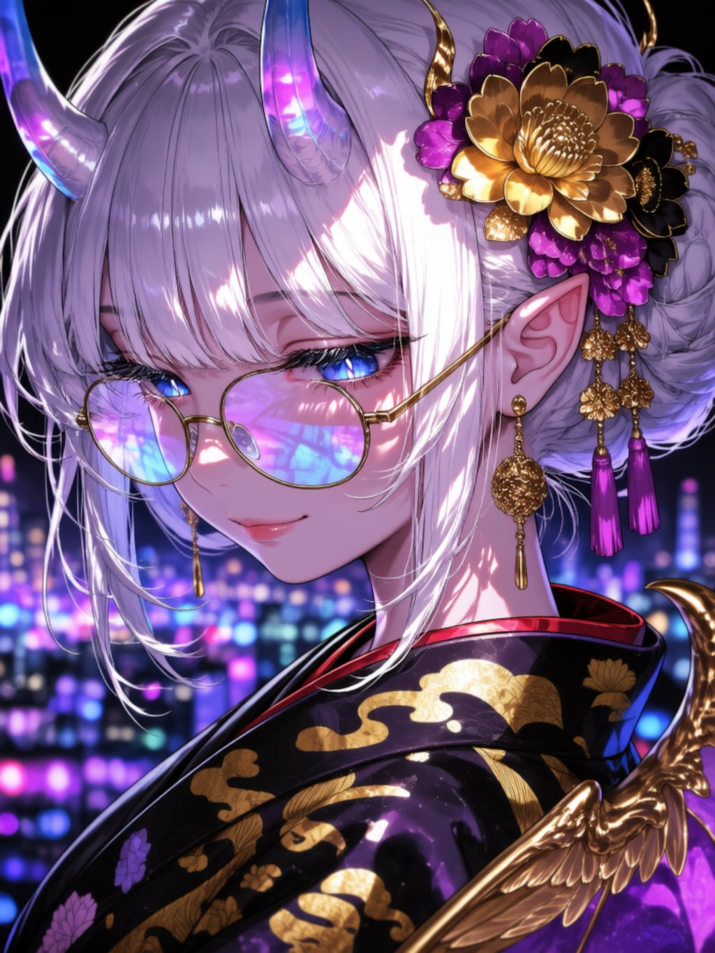 ネオンの街に佇む悪魔の女の子