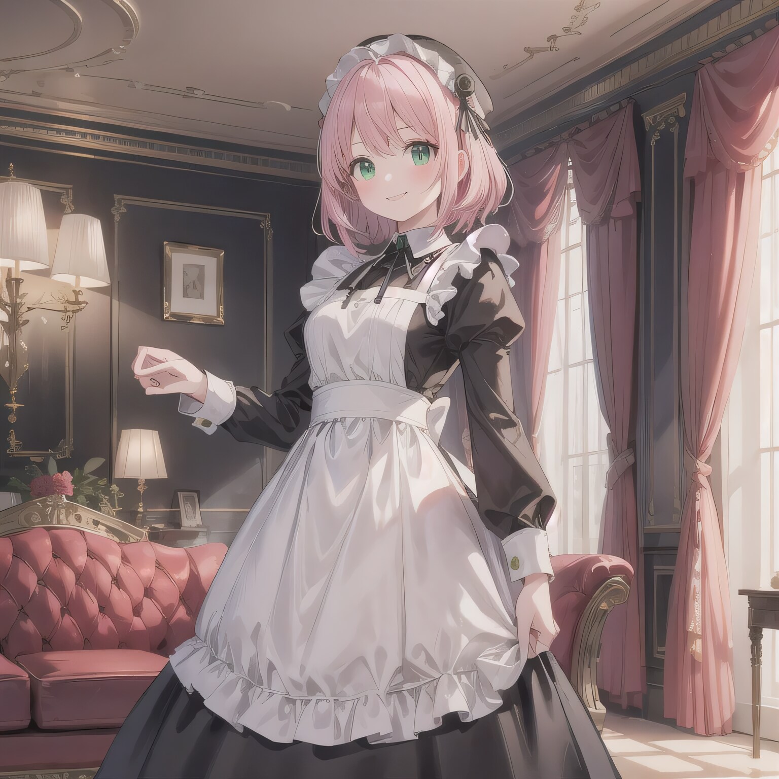 ピンク髪ボブでメイド服の少女２ | の人気AIイラスト・グラビア