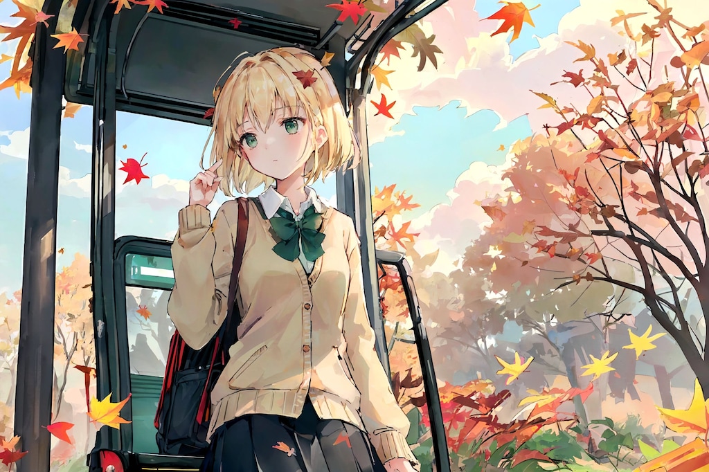 秋空のバス停の少女