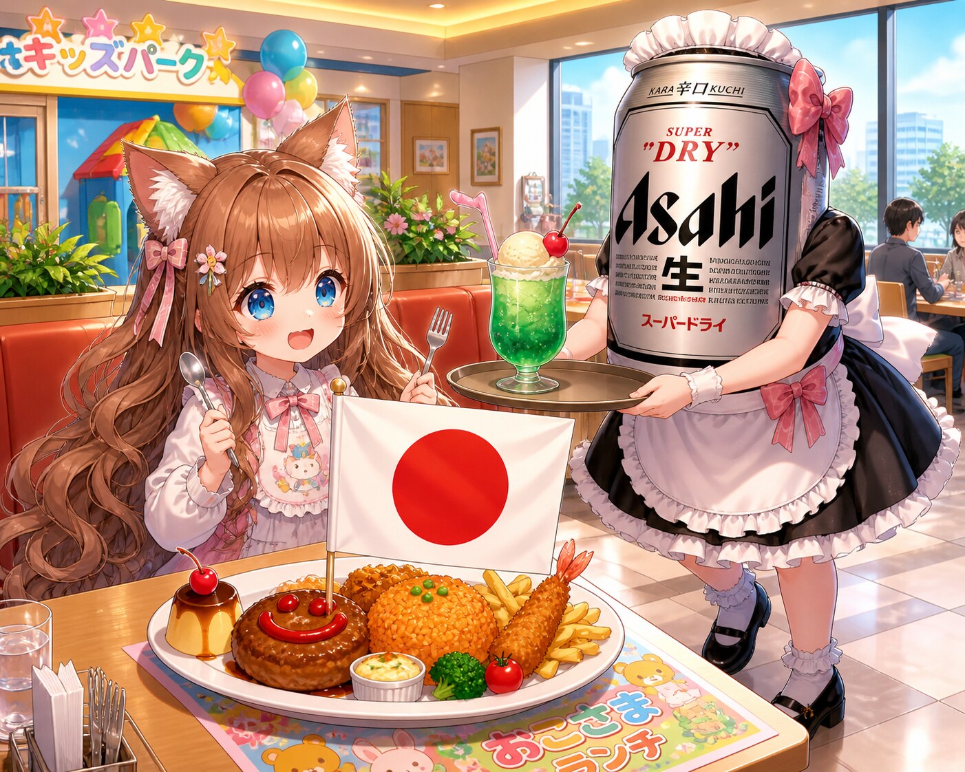 旗の大きなお子様ランチを食べる小さな女の子 | の人気AIイラスト・グラビア