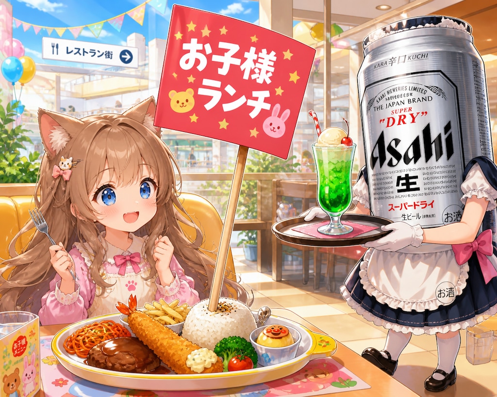 旗の大きなお子様ランチを食べる小さな女の子