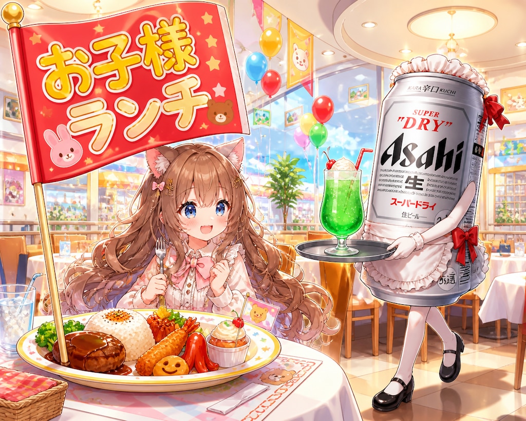 旗の大きなお子様ランチを食べる小さな女の子