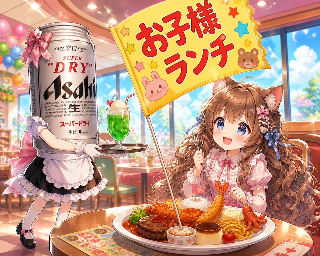 旗の大きなお子様ランチを食べる小さな女の子