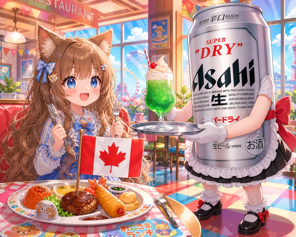 旗の大きなお子様ランチを食べる小さな女の子