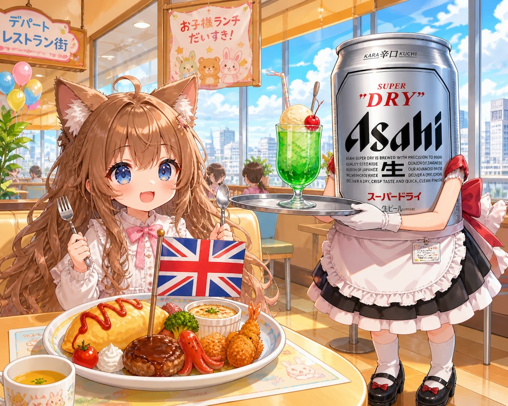 旗の大きなお子様ランチを食べる小さな女の子