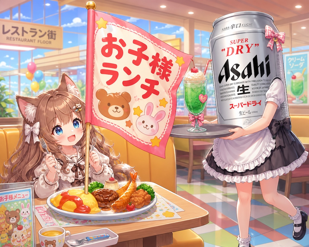 旗の大きなお子様ランチを食べる小さな女の子