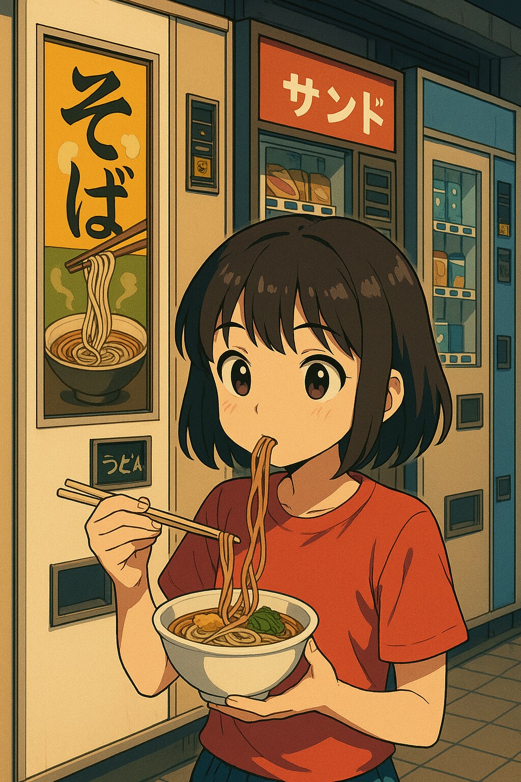 レトロ自動販売機のそばを食べる女の子