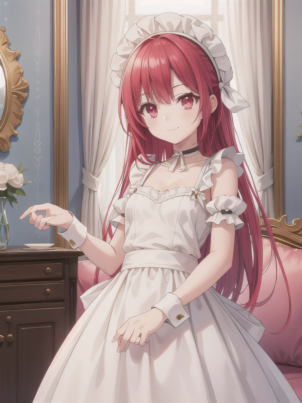 赤髪ロングでメイド服の少女