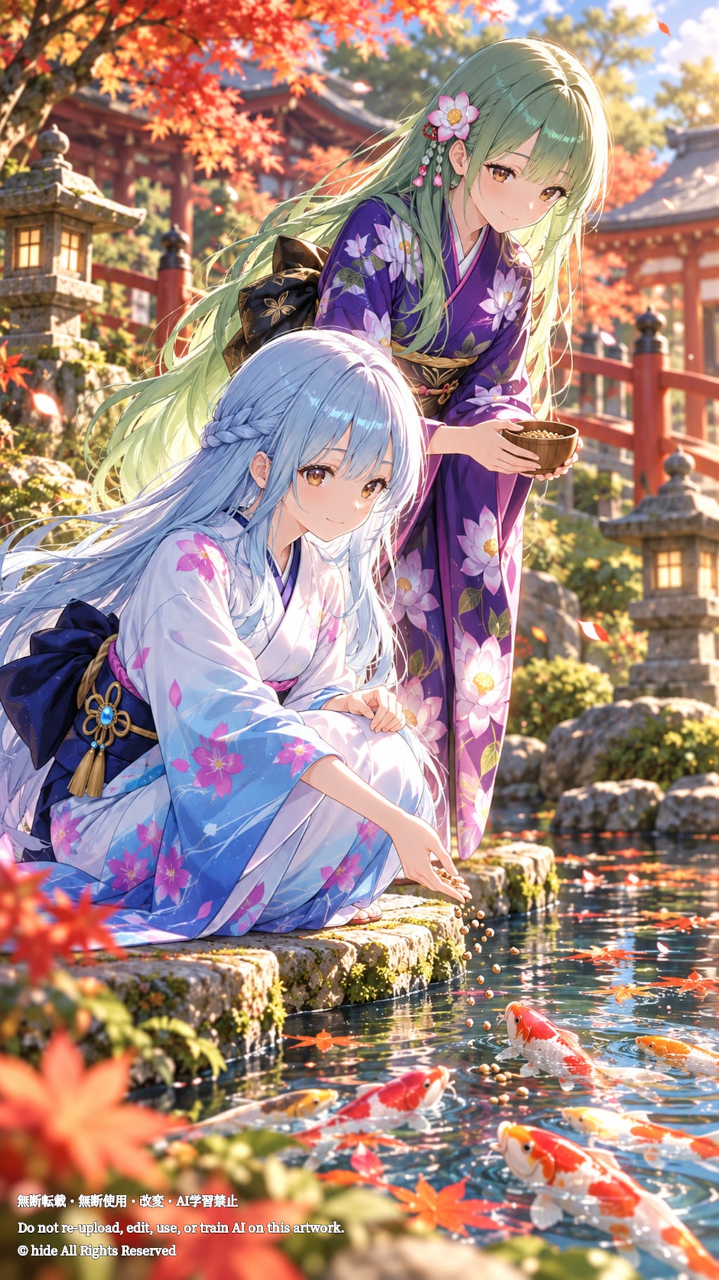 サラスヴァティさんとククリヒメさん、錦鯉の水辺で