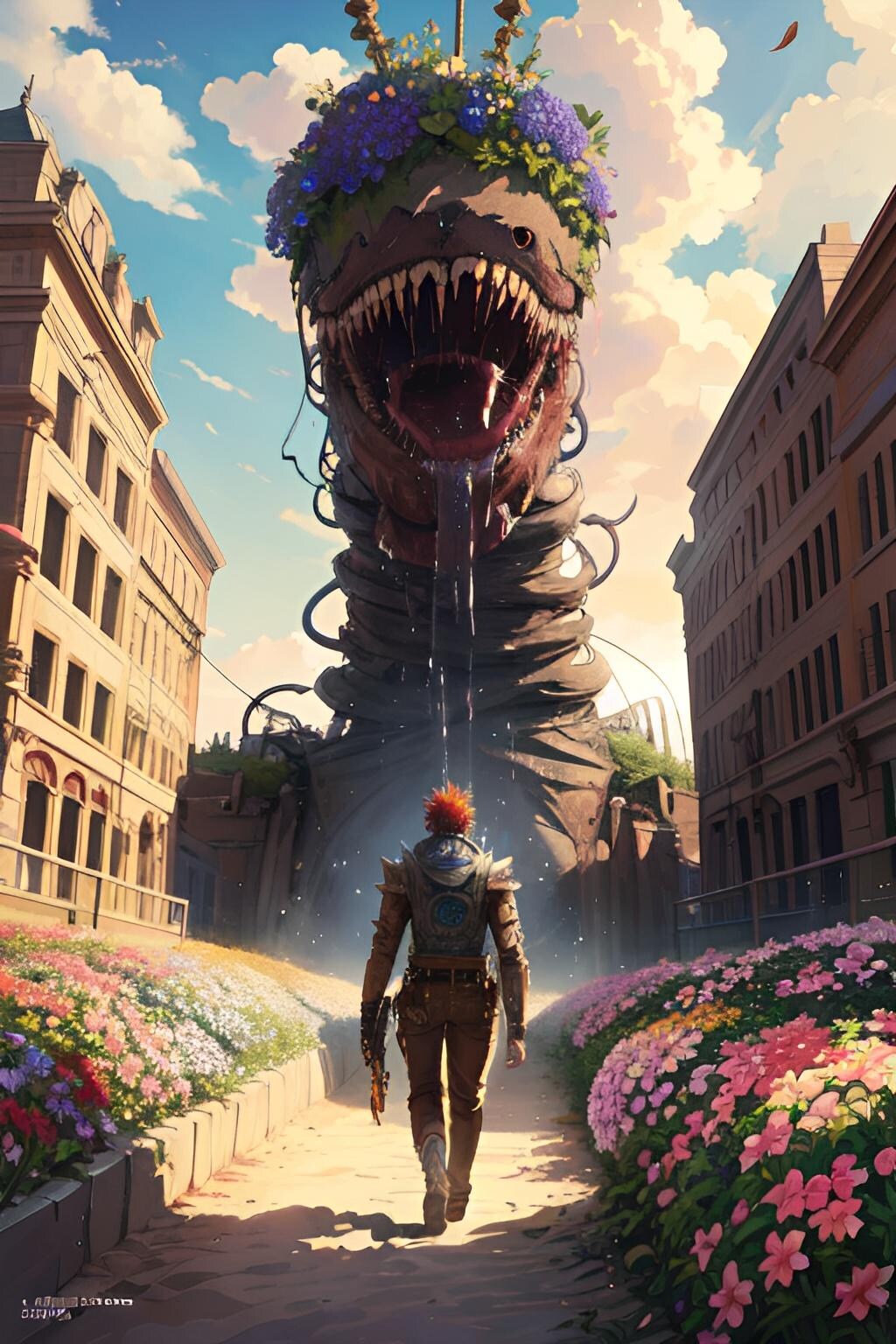 巨大な人食い花の機械怪獣に追われる