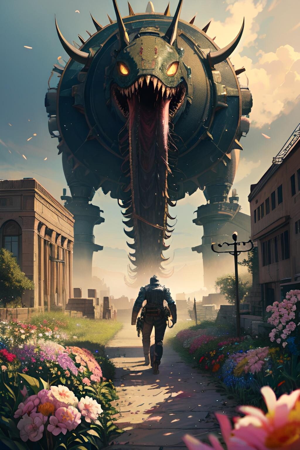 巨大な人食い花の機械怪獣に追われる