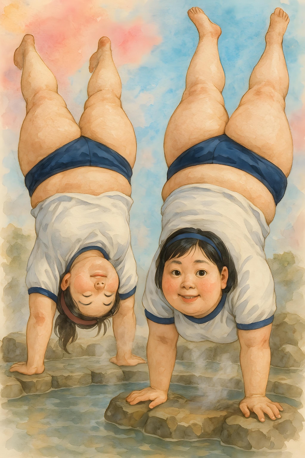 違和感のある逆立ちしたぽっちゃり女性