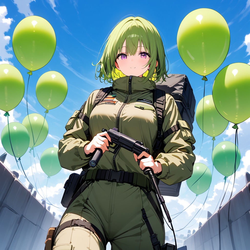 軍事基地で緑色の風船を膨らませて遊ぶ迷彩服の美女 | の人気AIイラスト・グラビア