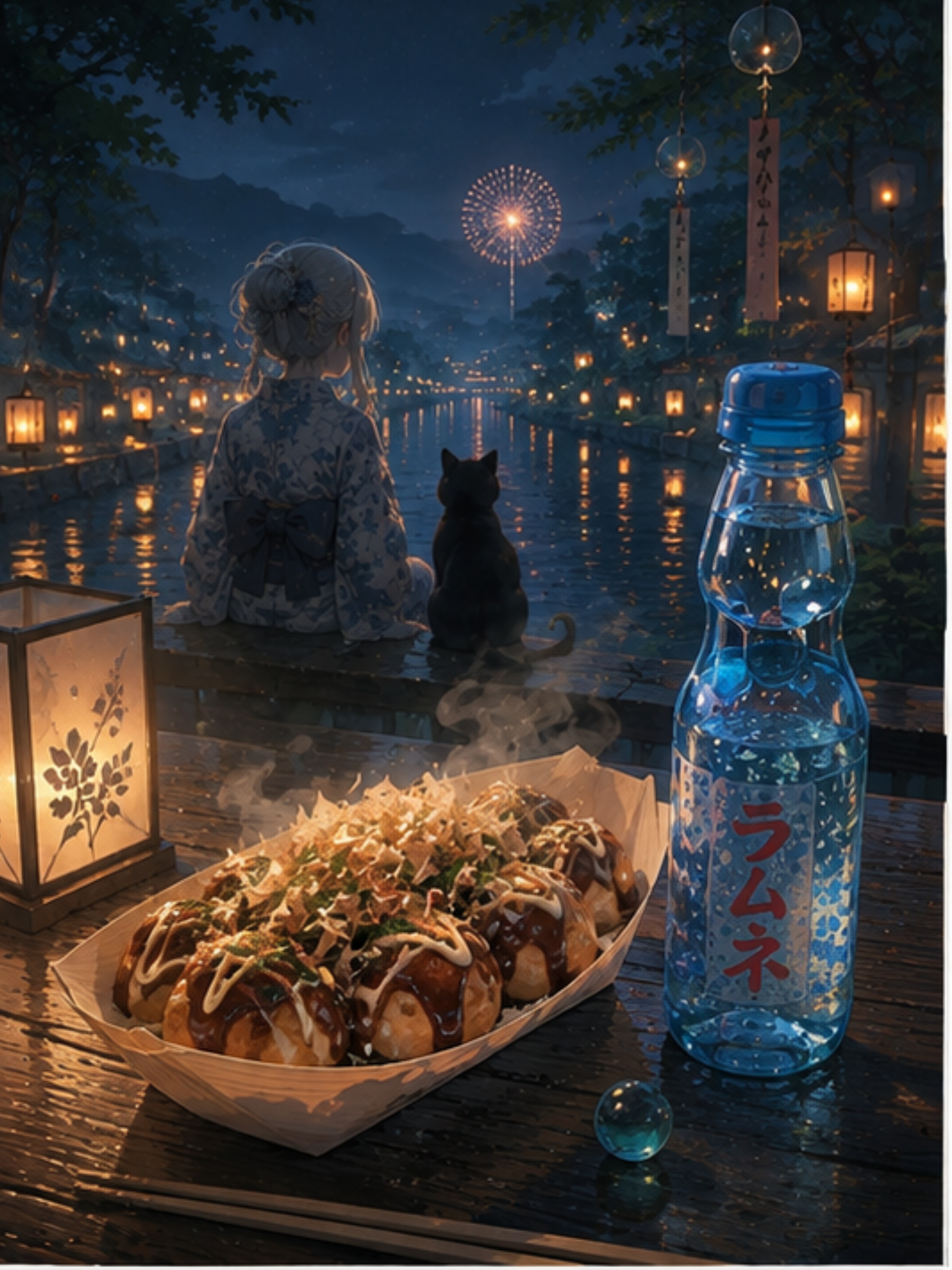 あつあつのたこ焼きと、夜風に鳴る風鈴 | の人気AIイラスト・グラビア