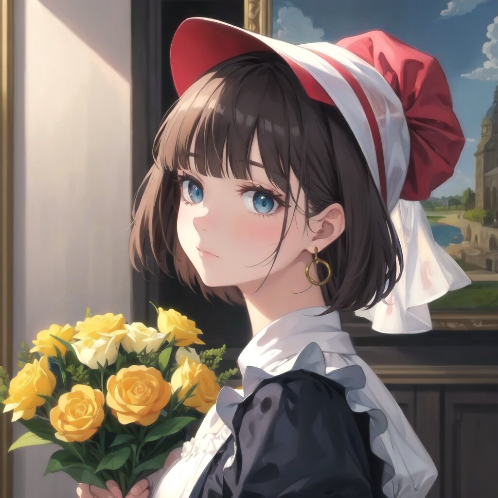 油絵調の「花束を持つメイド」の自画像　ー フェルメール風 ー