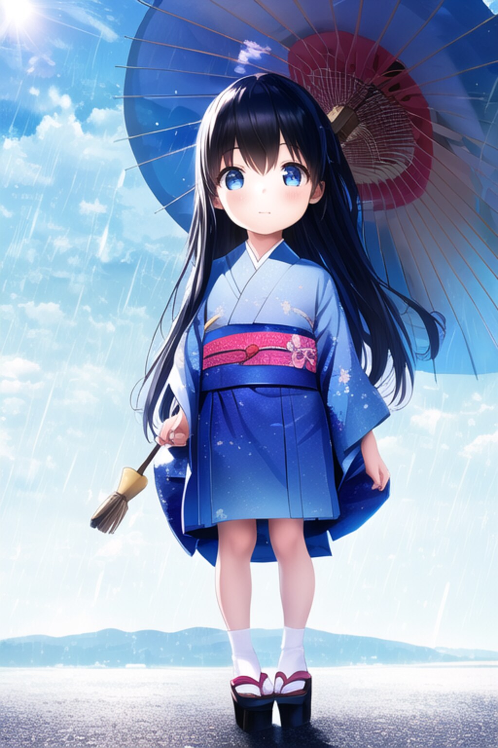 雨の中、傘をさす黒髪和服幼女