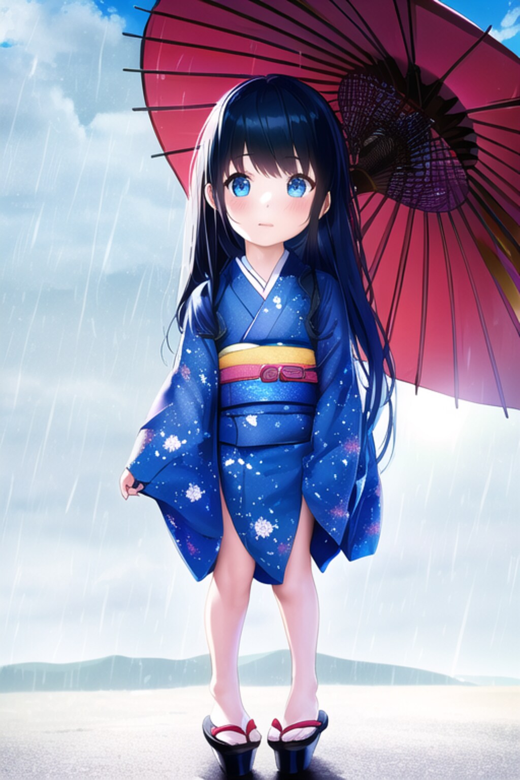 雨の中、傘をさす黒髪和服幼女