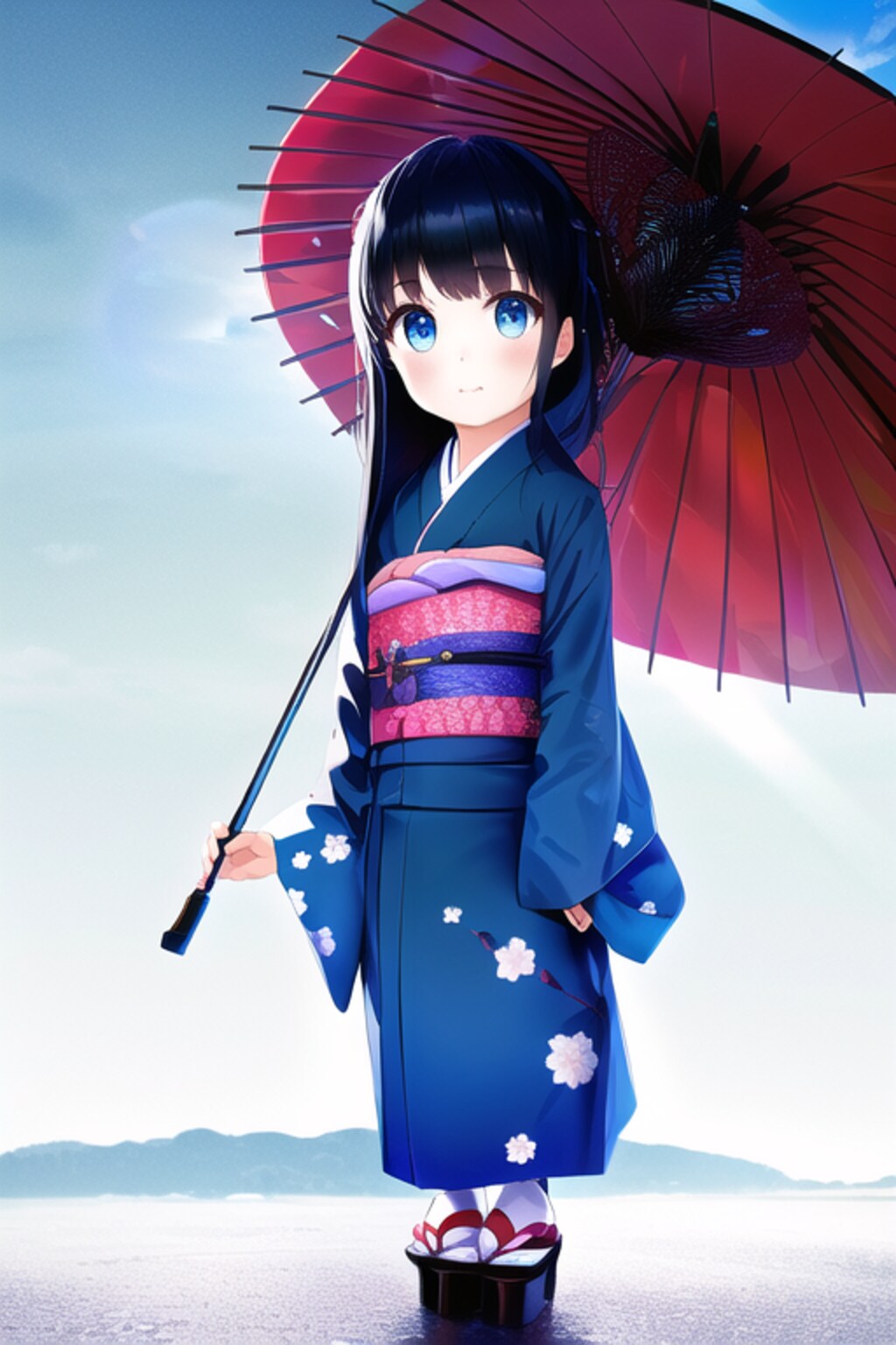 雨の中、傘をさす黒髪和服幼女