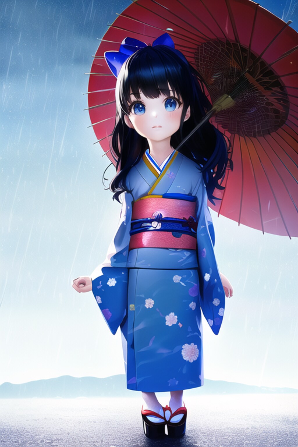 雨の中、傘をさす黒髪和服幼女