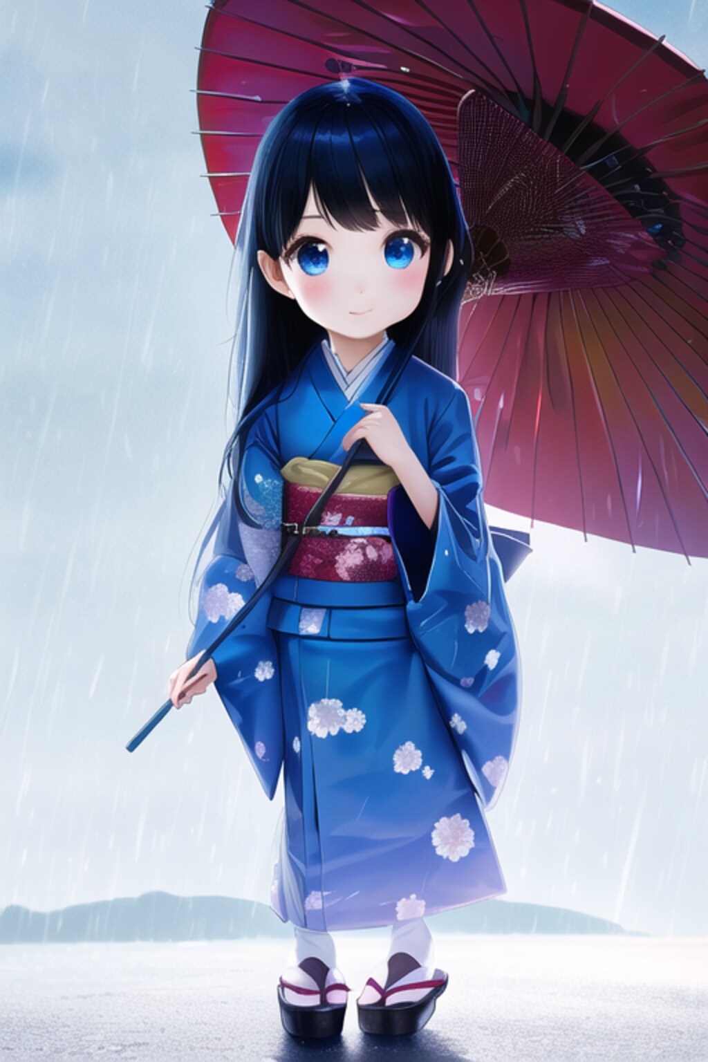 雨の中、傘をさす黒髪和服幼女