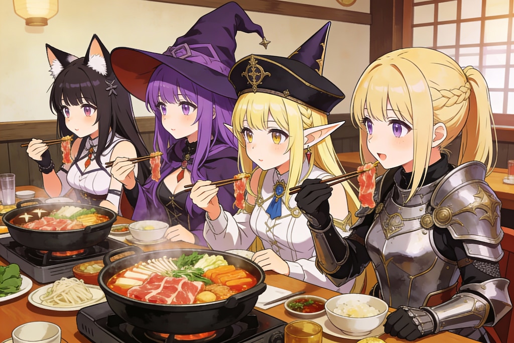 クエストの後はみんなですき焼き