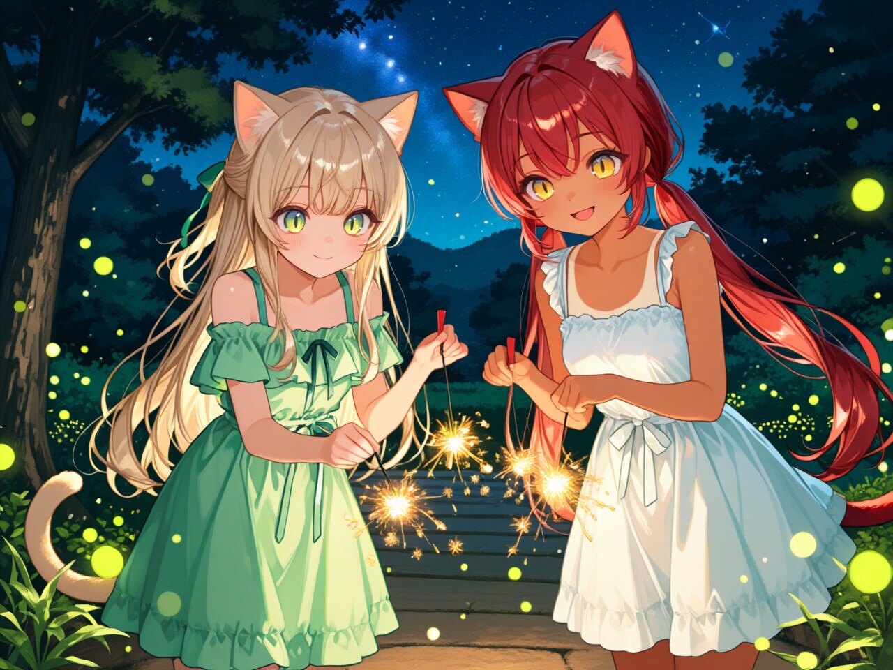 花火を楽しむ猫耳の女の子 | の人気AIイラスト・グラビア