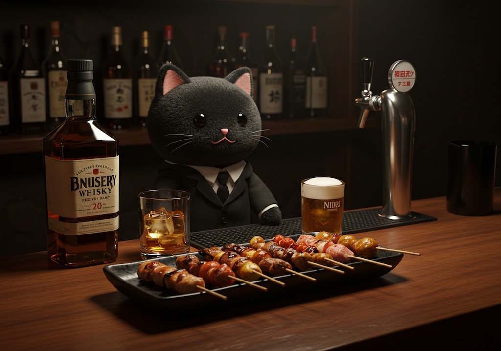 黒猫バーの焼き鳥とハイボール