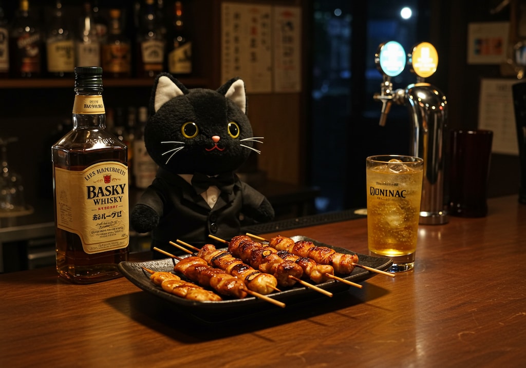 黒猫バーの焼き鳥とハイボール