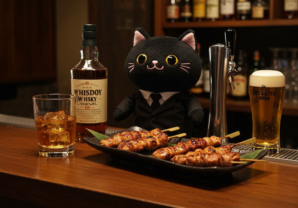 黒猫バーの焼き鳥とハイボール