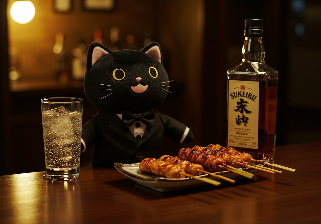 黒猫バーの焼き鳥とハイボール