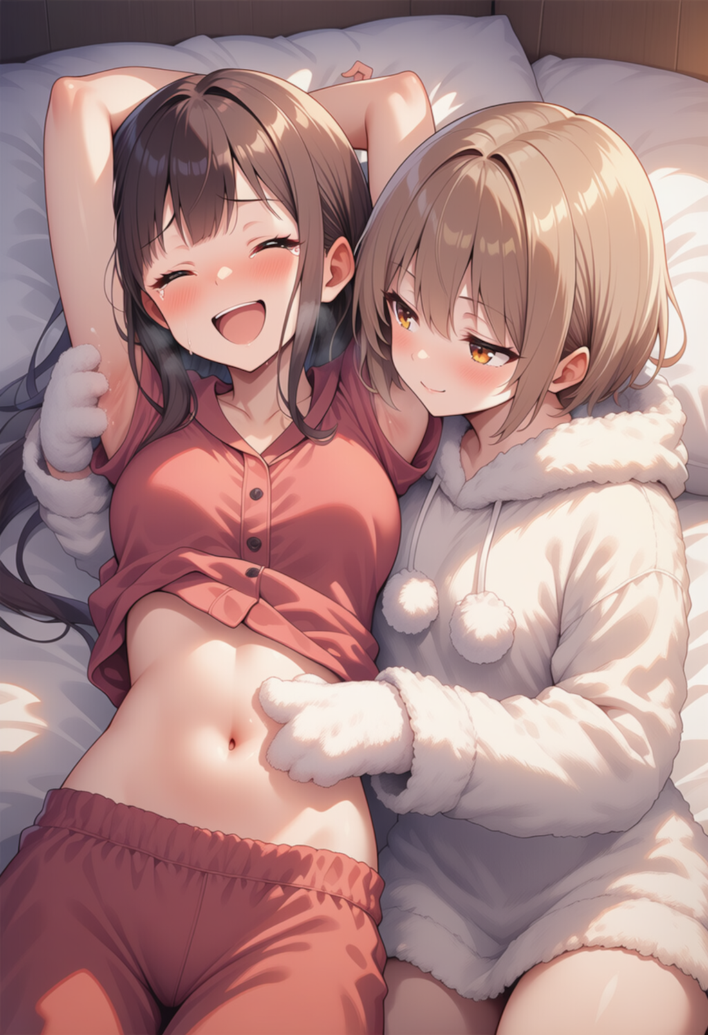 「妹ちゃ～ん♪一緒にファーのパジャマ着ようよ～。ほら、もこもこ～気持ちいいでしょ？」 「ちょ、ちょっとお姉ちゃん！くすぐったいって～私は普通のパジャマで大丈夫だから～」