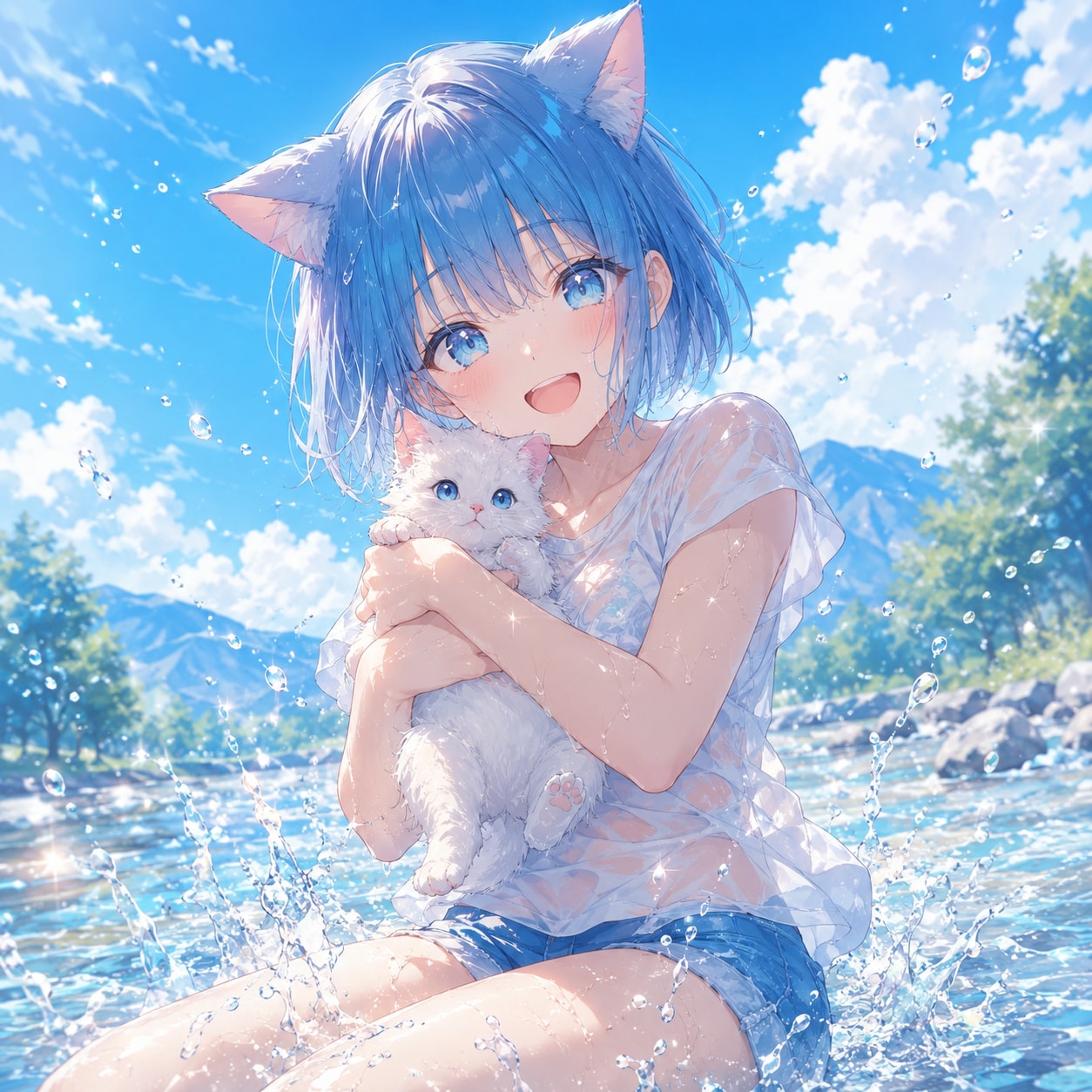 猫と川遊び
