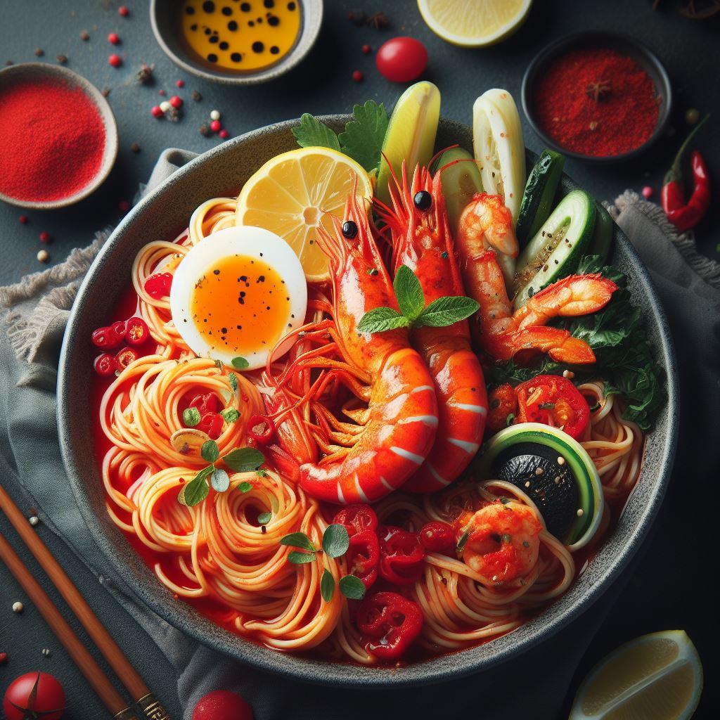 赤いseafood noodle