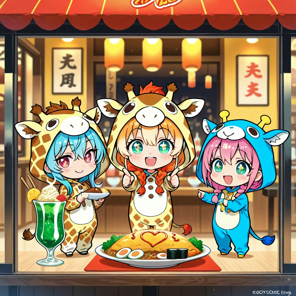 巨大食品サンプルとキリン着ぐるみちび子ちゃん | の人気AIイラスト・グラビア