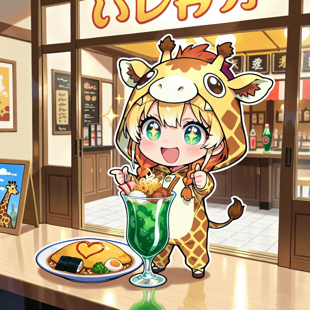 巨大食品サンプルとキリン着ぐるみちび子ちゃん