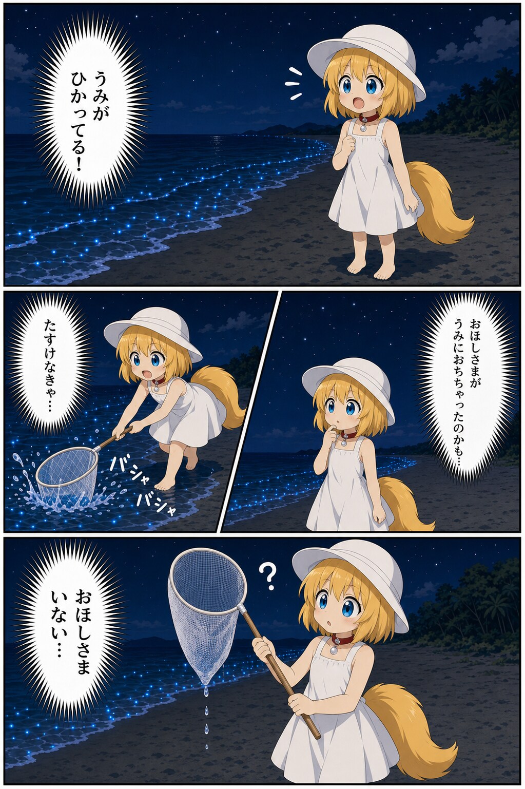 夜光虫をおほしさまと勘違いするキツネ
