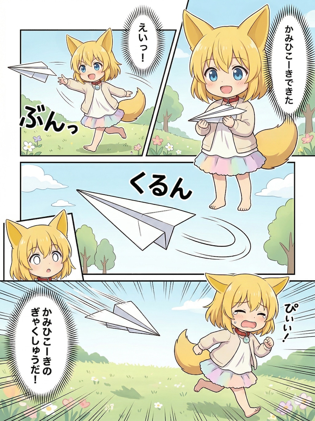 紙飛行機にロックオンされるキツネ