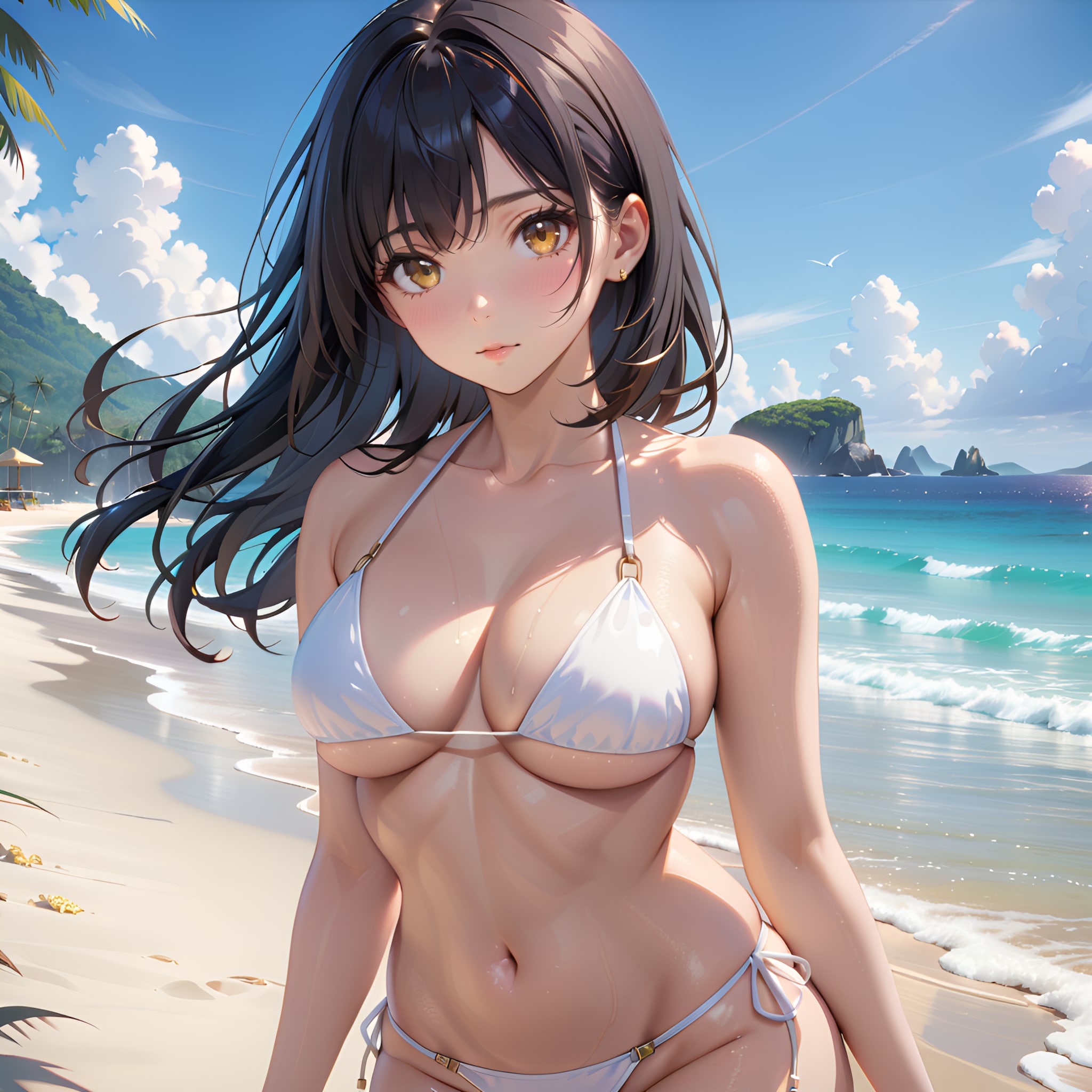 ビーチの黒髪美少女