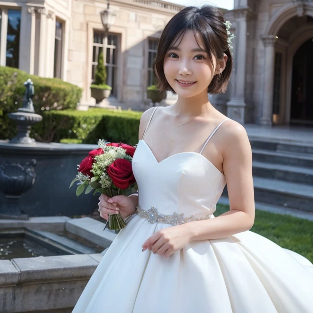 黒髪ボブでウェディングドレスの美女２２