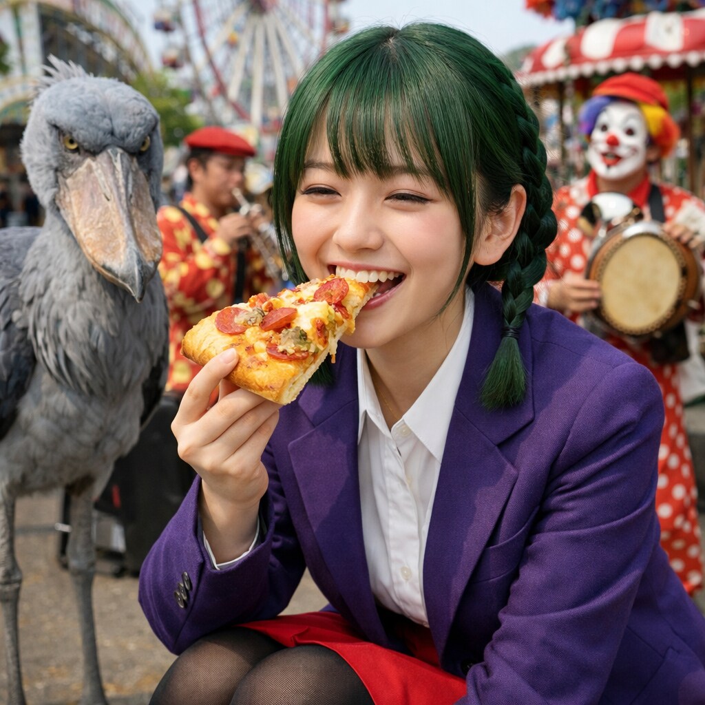 ハシビロコウとピザを食べる人